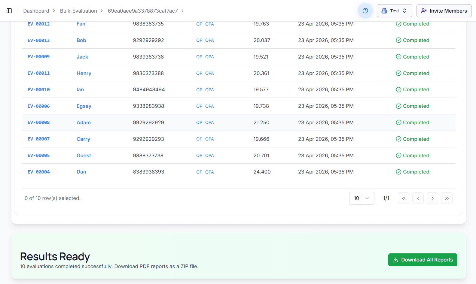 Example of a bulk evaluation evaluation